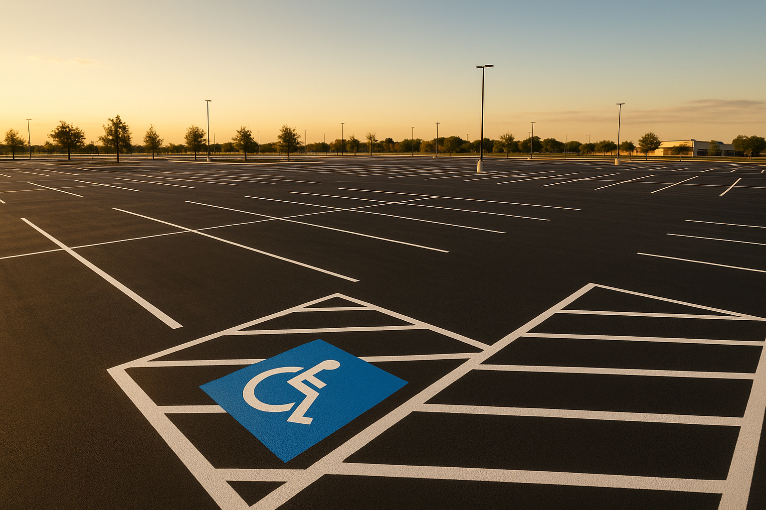 Freshly completed Texas pavement striping across a commercial parking lot