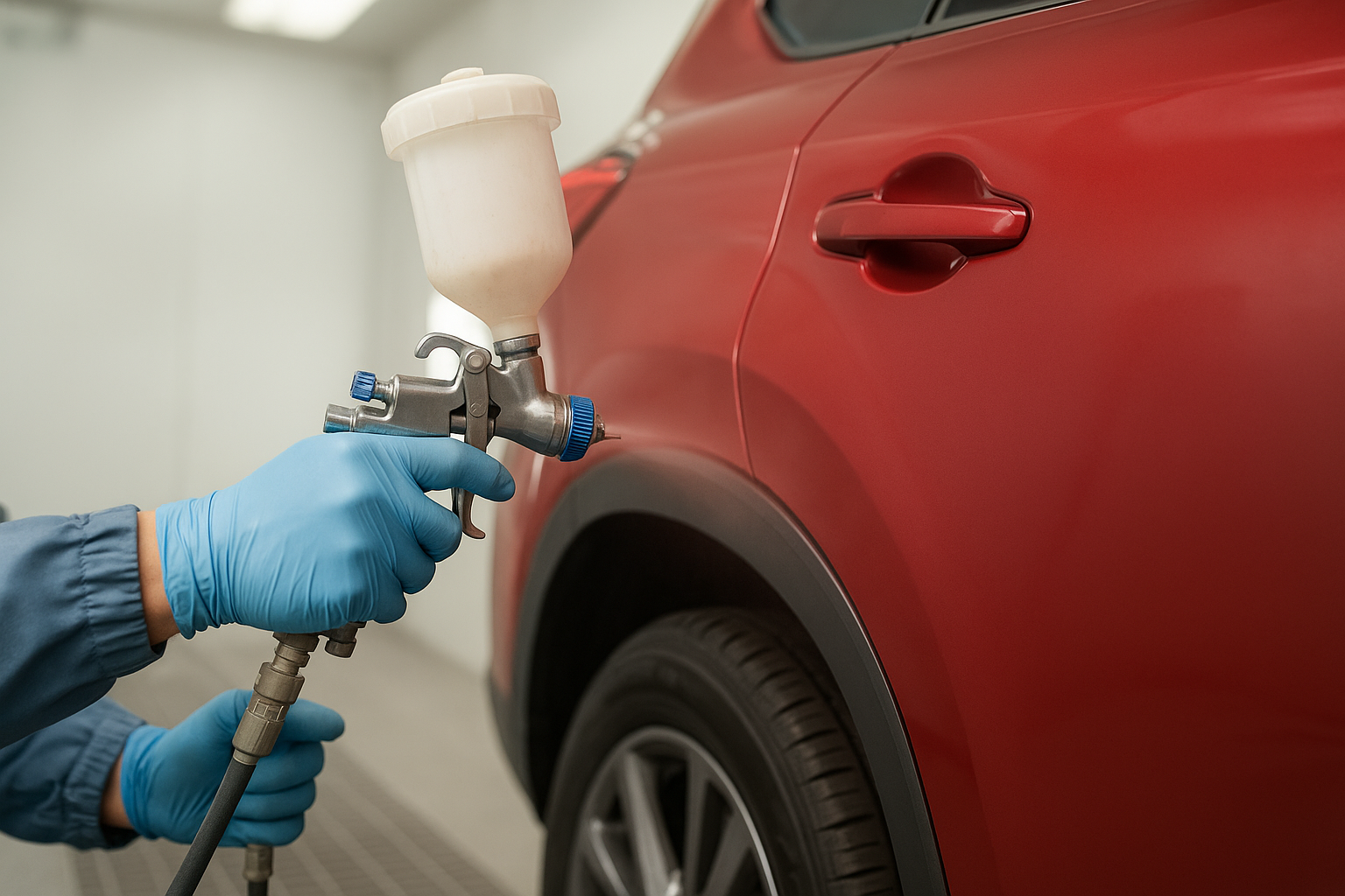 Technician applying color-matched paint to SUV body panel during collision repair