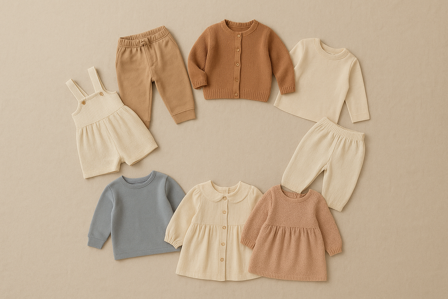 Flat lay of premium children's clothing arranged to show seasonal wardrobe rotation