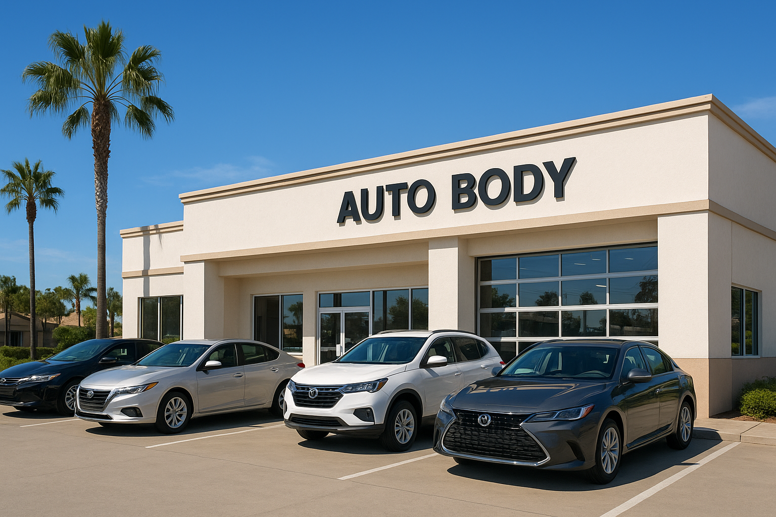 Exterior view of a professional auto body repair shop in Orange County California