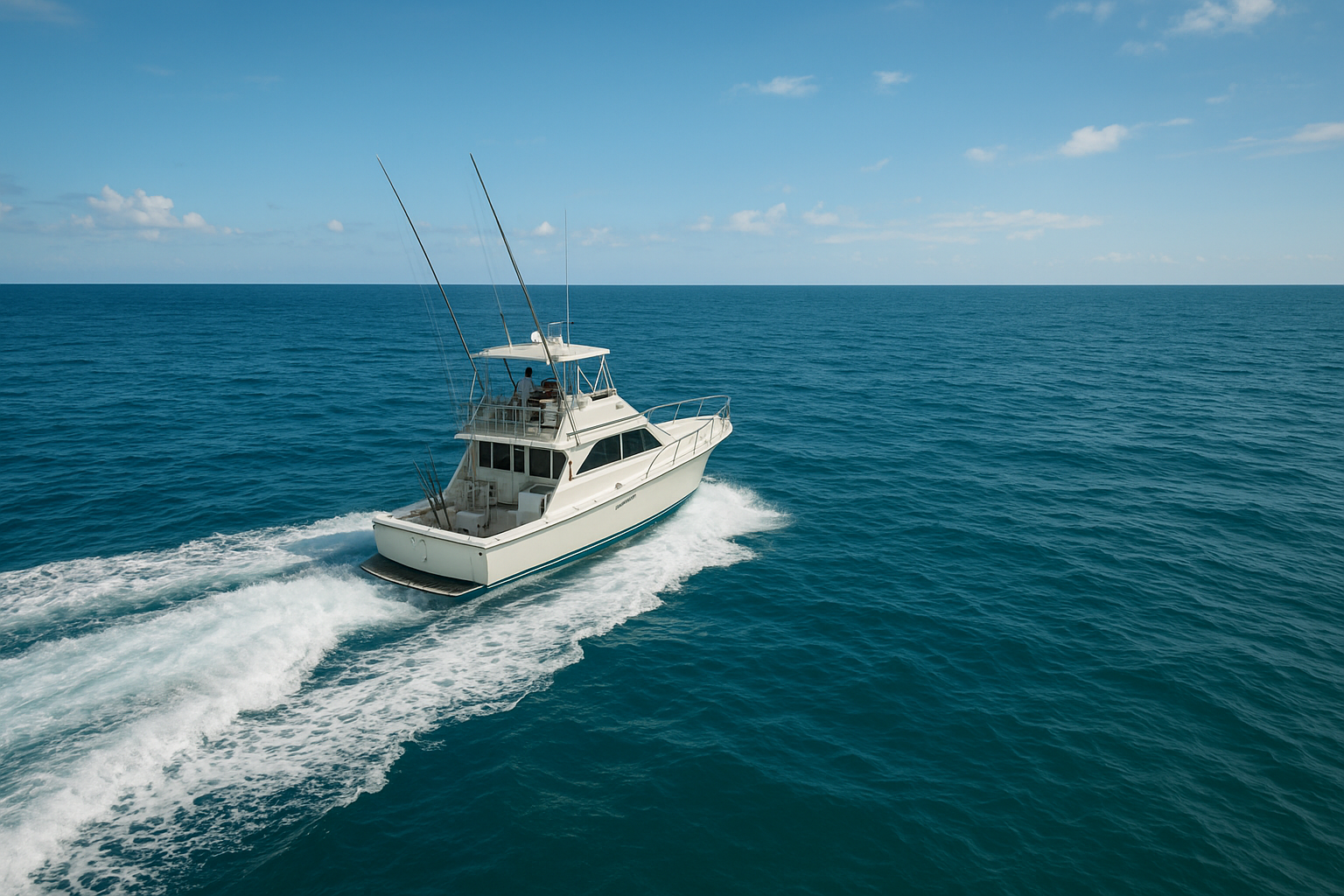 Offshore charter boat heading toward the Gulf Stream for a deep sea fishing trip