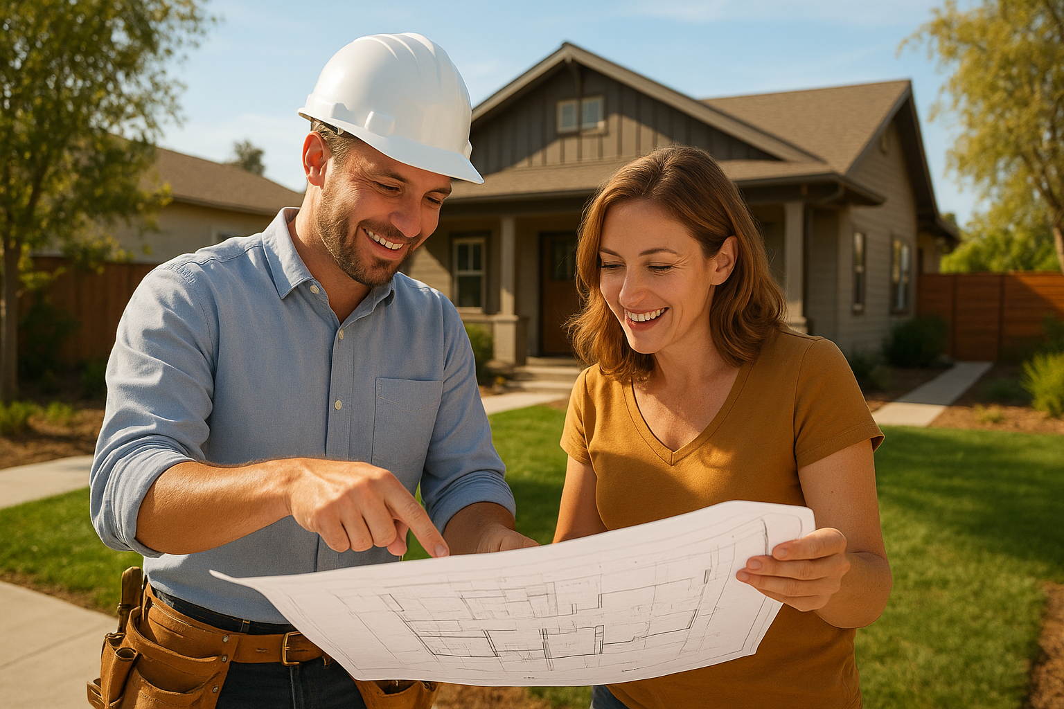 Homeowner and contractor reviewing ADU planning services blueprints outdoors