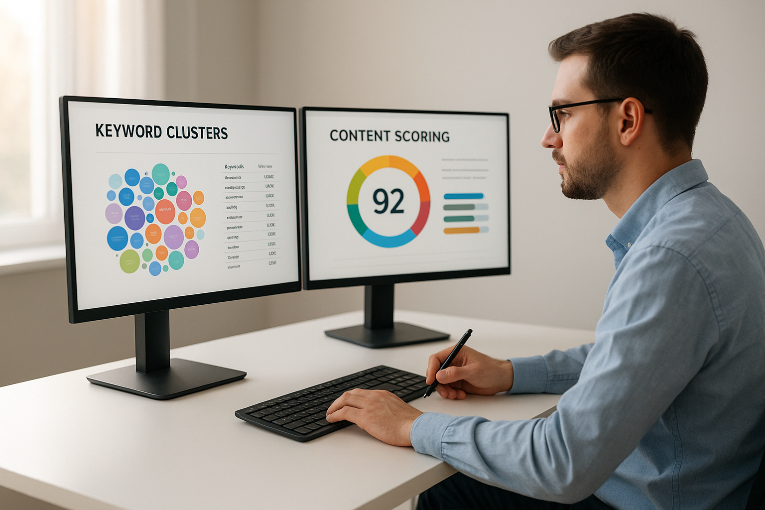 Digital marketer reviewing AI-powered SEO content optimization reports on dual monitors