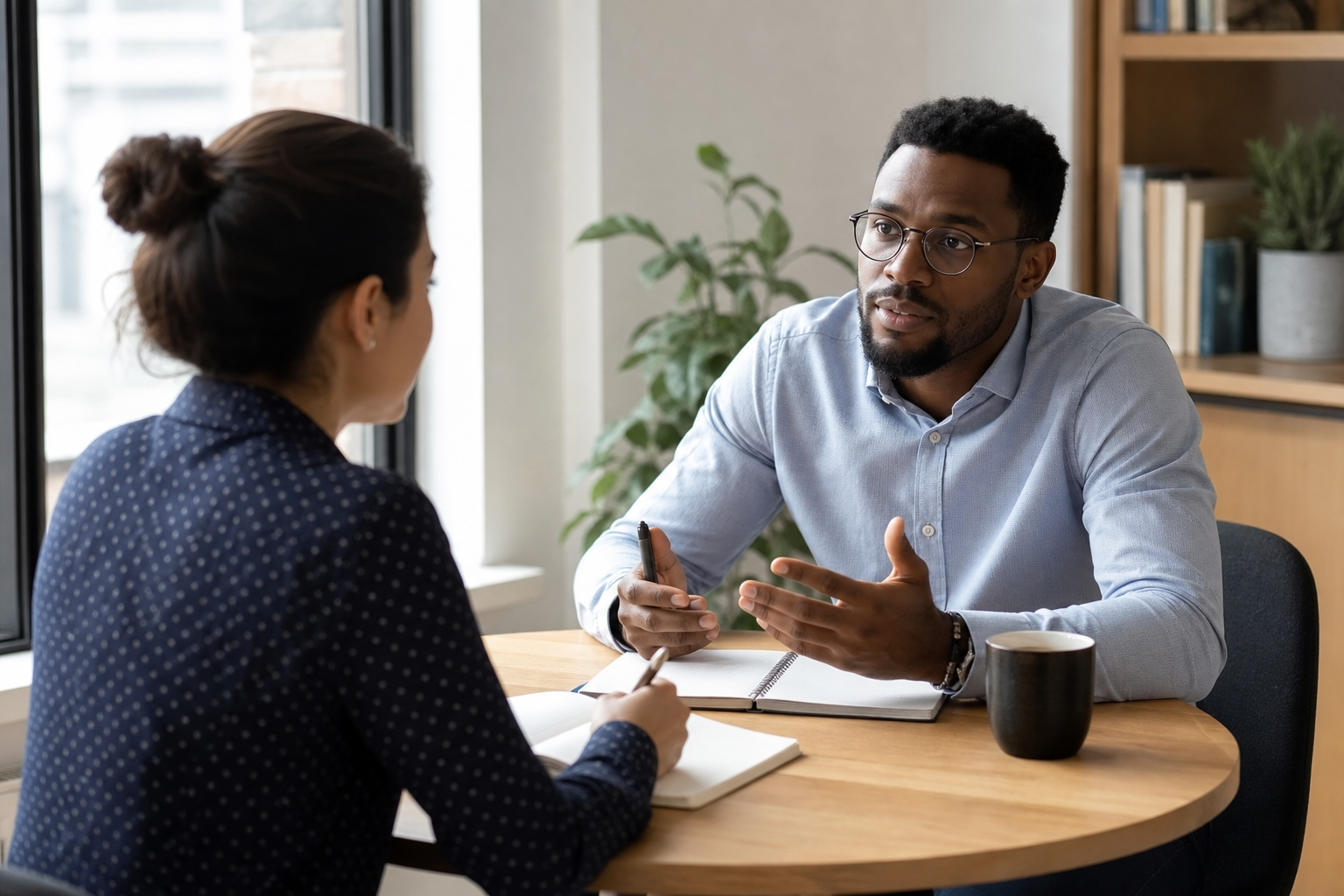 Manager providing feedback to an employee during a one-on-one coaching session
