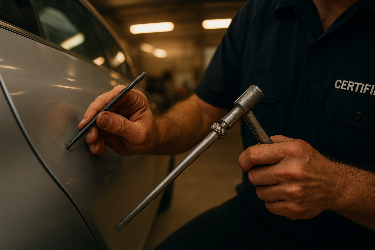 Certified technician performing paintless dent removal as part of Brea auto services