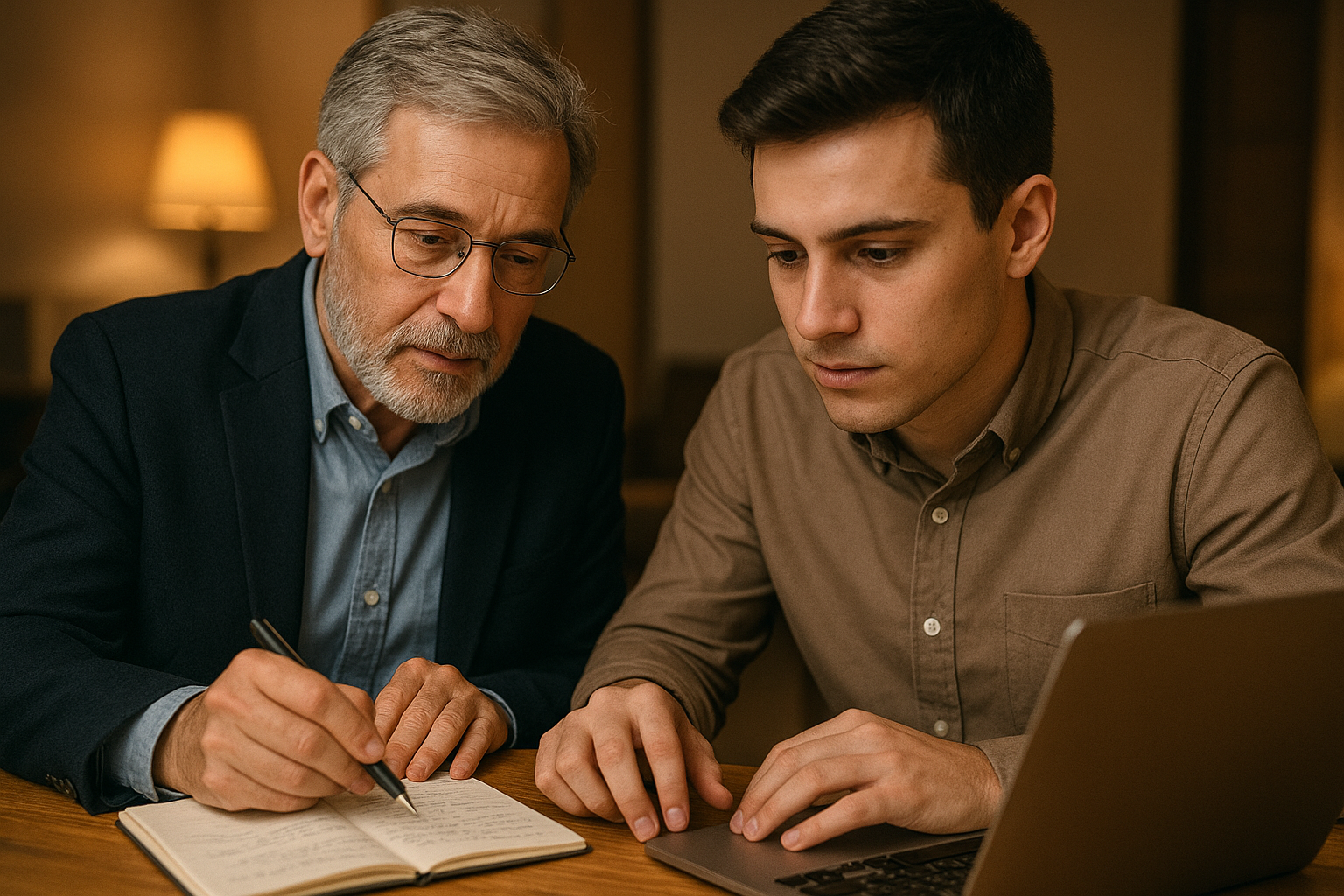 Mentor guiding an employee through a career growth conversation at a desk