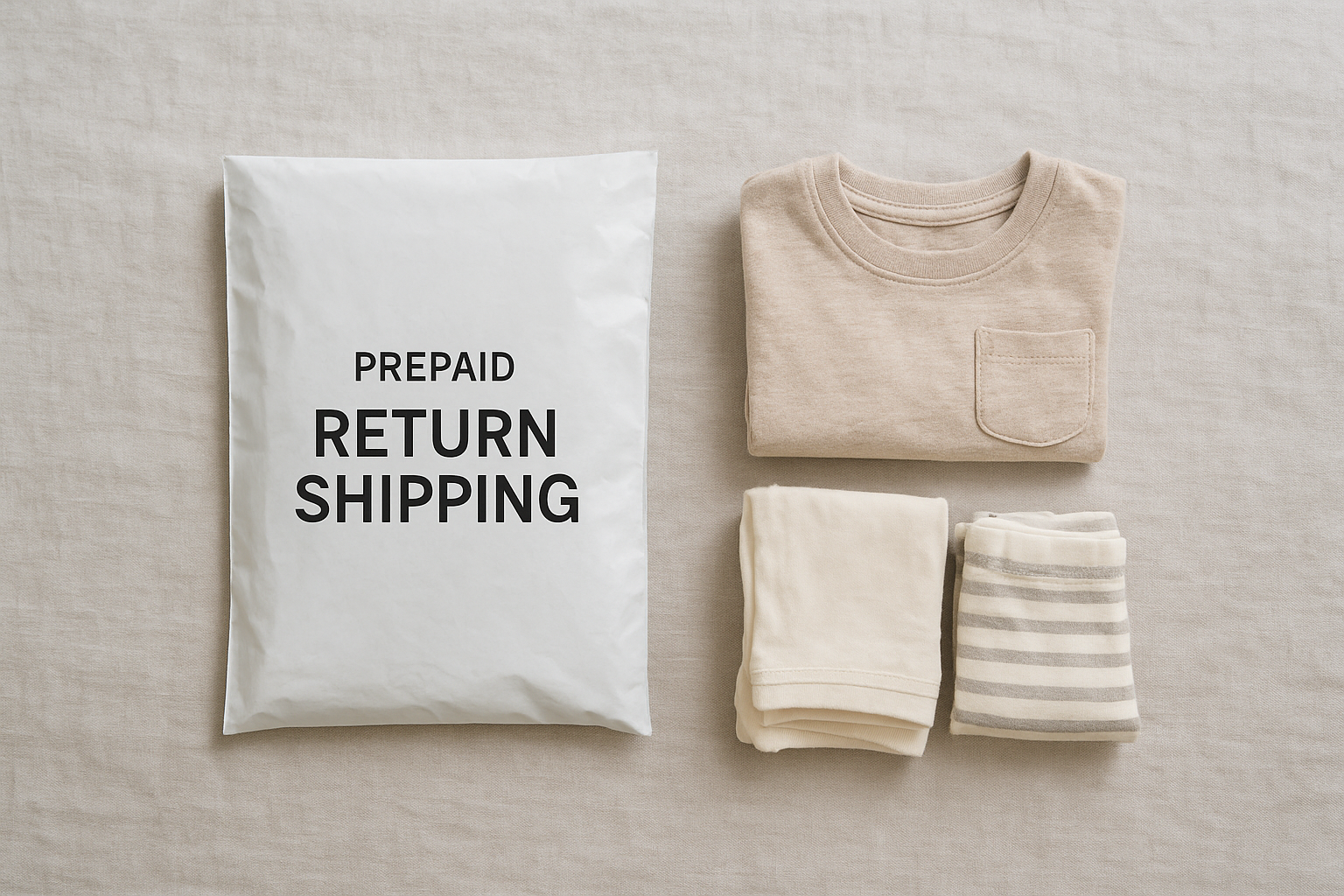 Prepaid return bag and folded children's clothes ready to be sent back to a clothing rental service