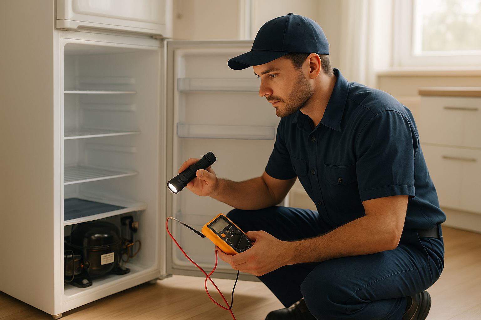 Technician performing affordable refrigerator repair on a kitchen fridge compressor
