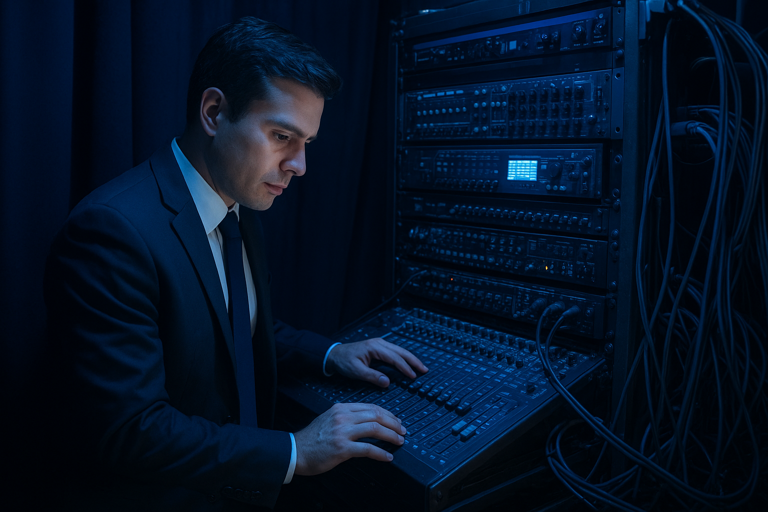 Audio technician checking redundant backup AV equipment before a wedding event