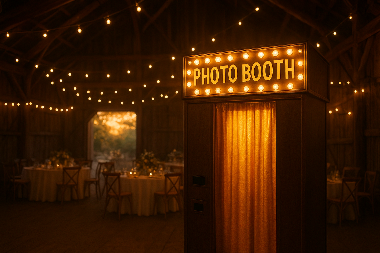 Washington Indiana photobooth rental booth set up at an evening wedding reception with string lights