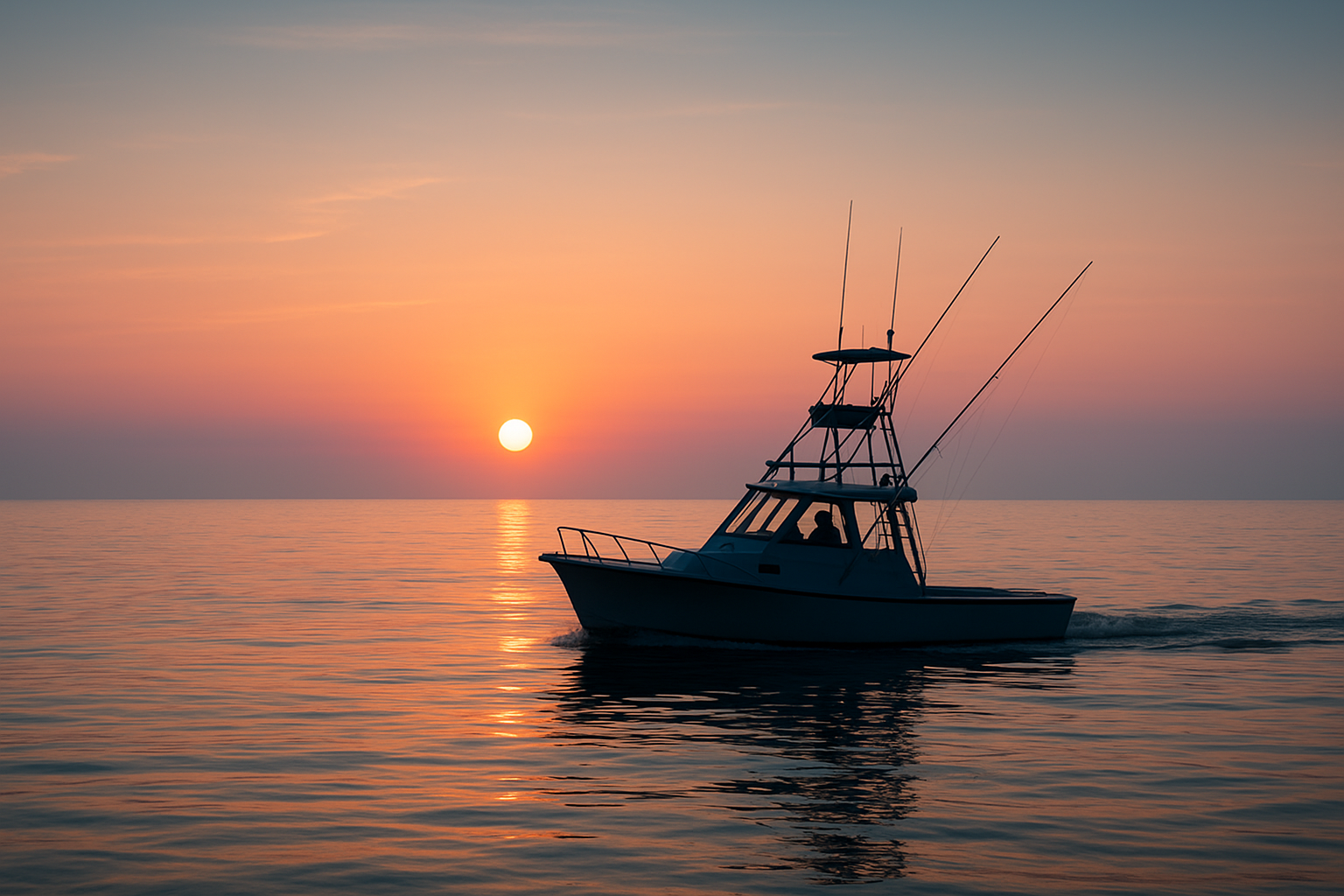 Charter boat departing at sunrise for a nearshore beginner fishing trip near North Myrtle Beach