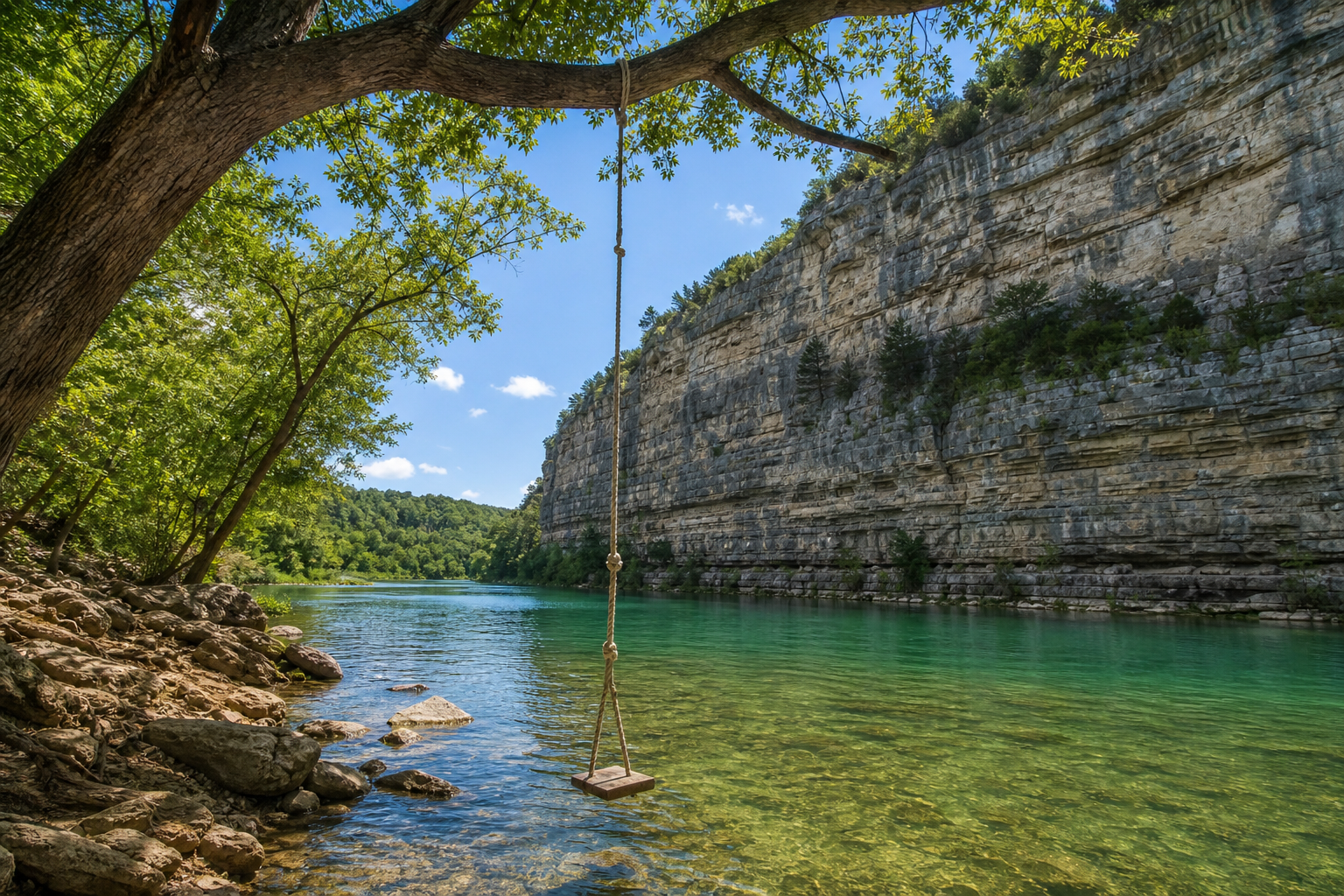 Rope swing over the river beneath a limestone bluff along a scenic float route