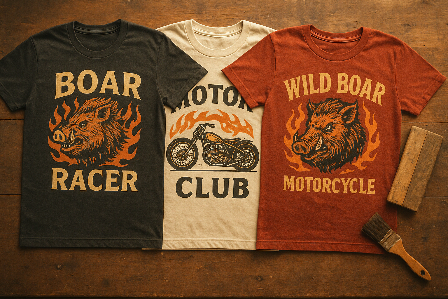 Flat lay of motorcycle culture shirts featuring vintage flame and boar graphic prints