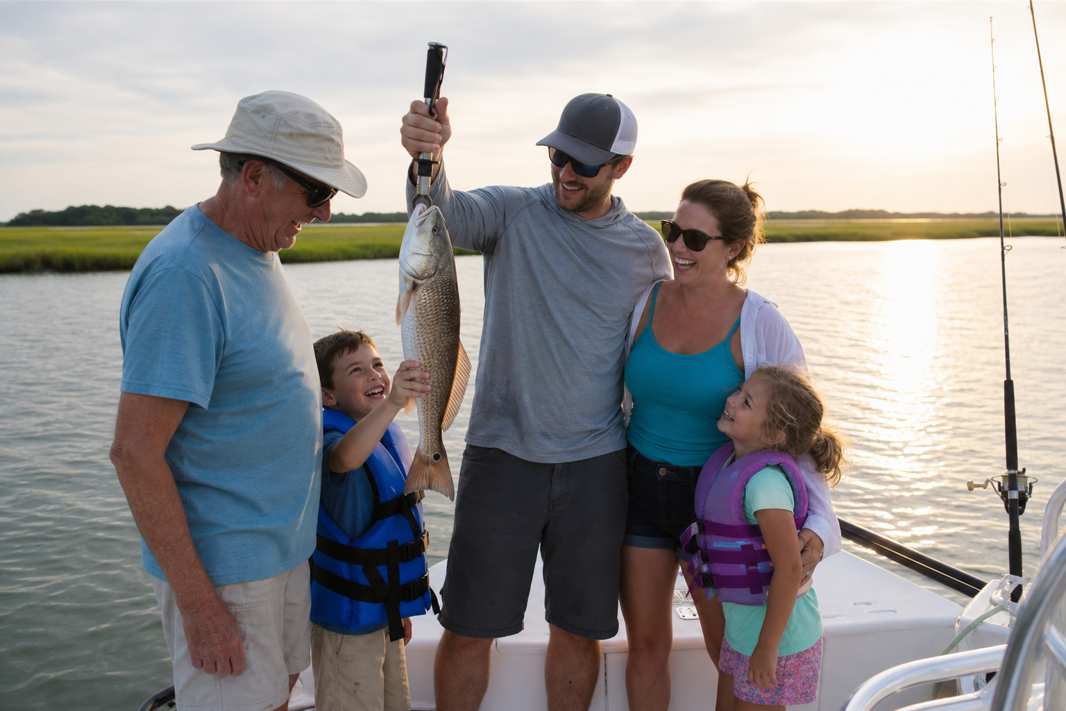 Multi-generational family celebrating a catch during a private charter trip near the North Carolina coast