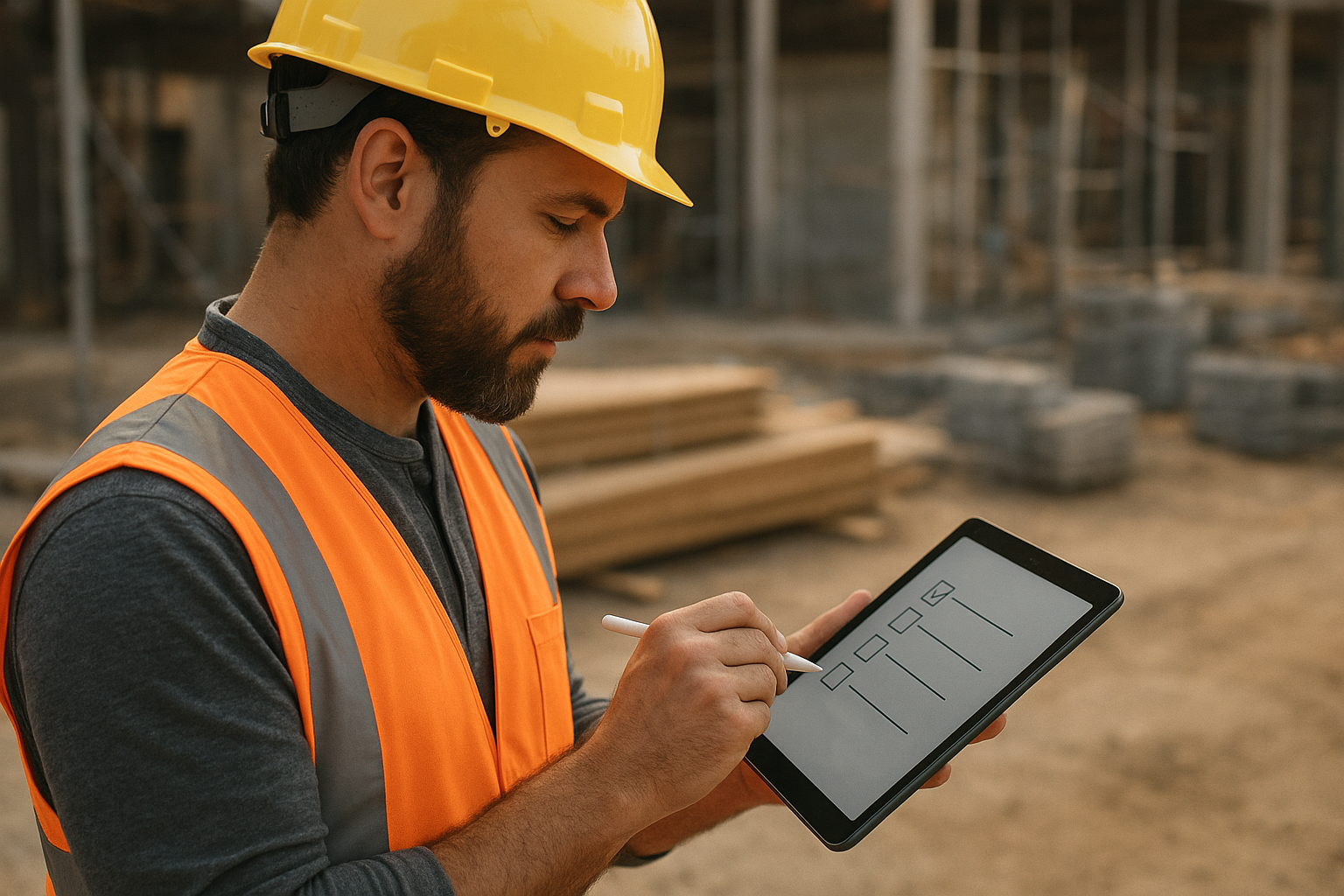 Crew member checking a production milestone on a tablet at a home improvement job site
