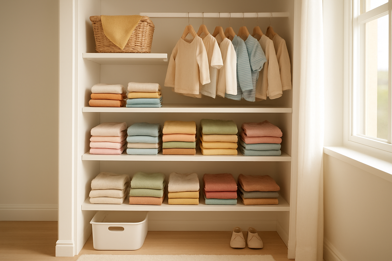 Rotating wardrobe of rented children's clothing organized on shelves