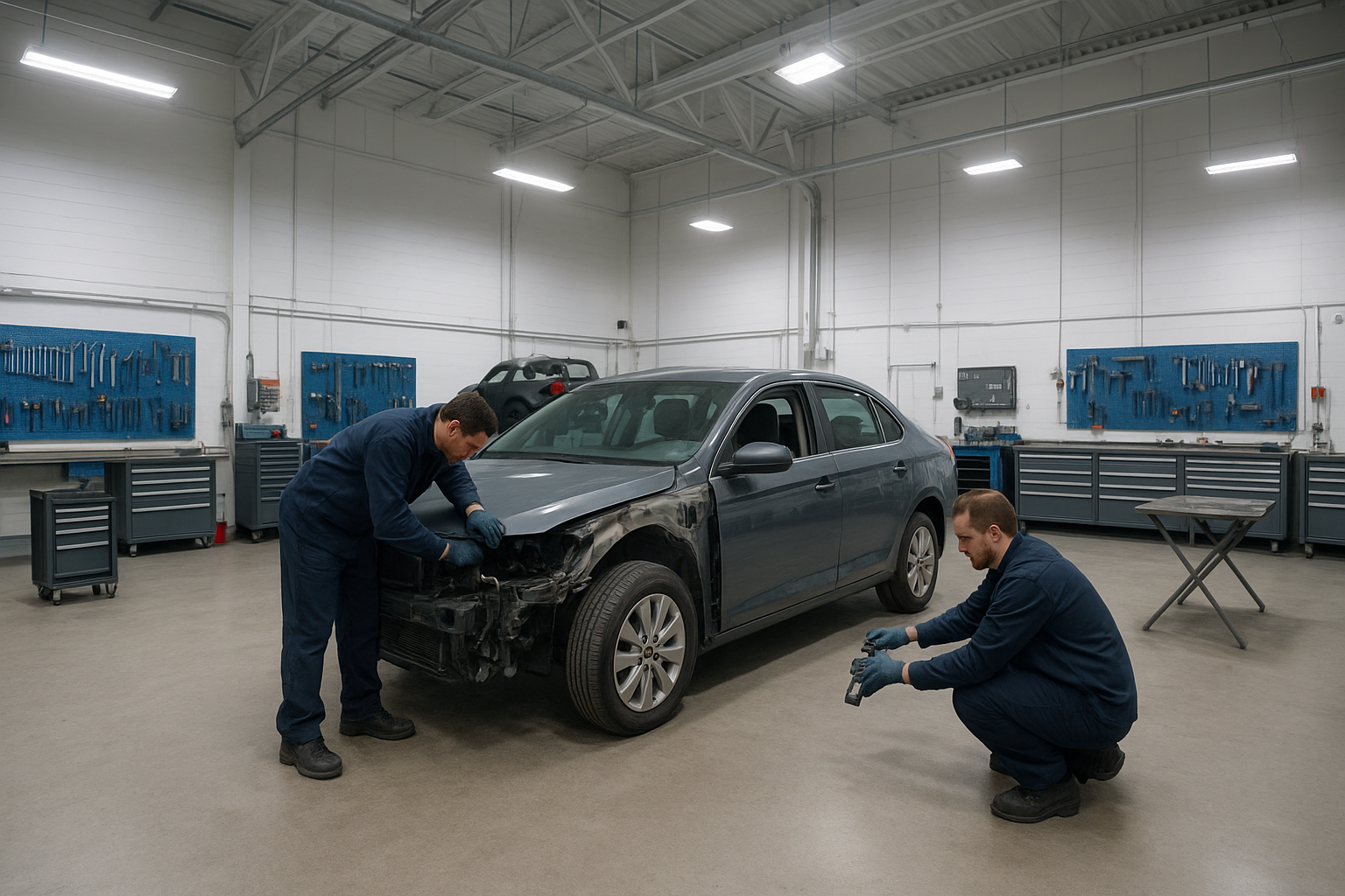 Inside a modern California auto body repair shop with technicians working on a vehicle