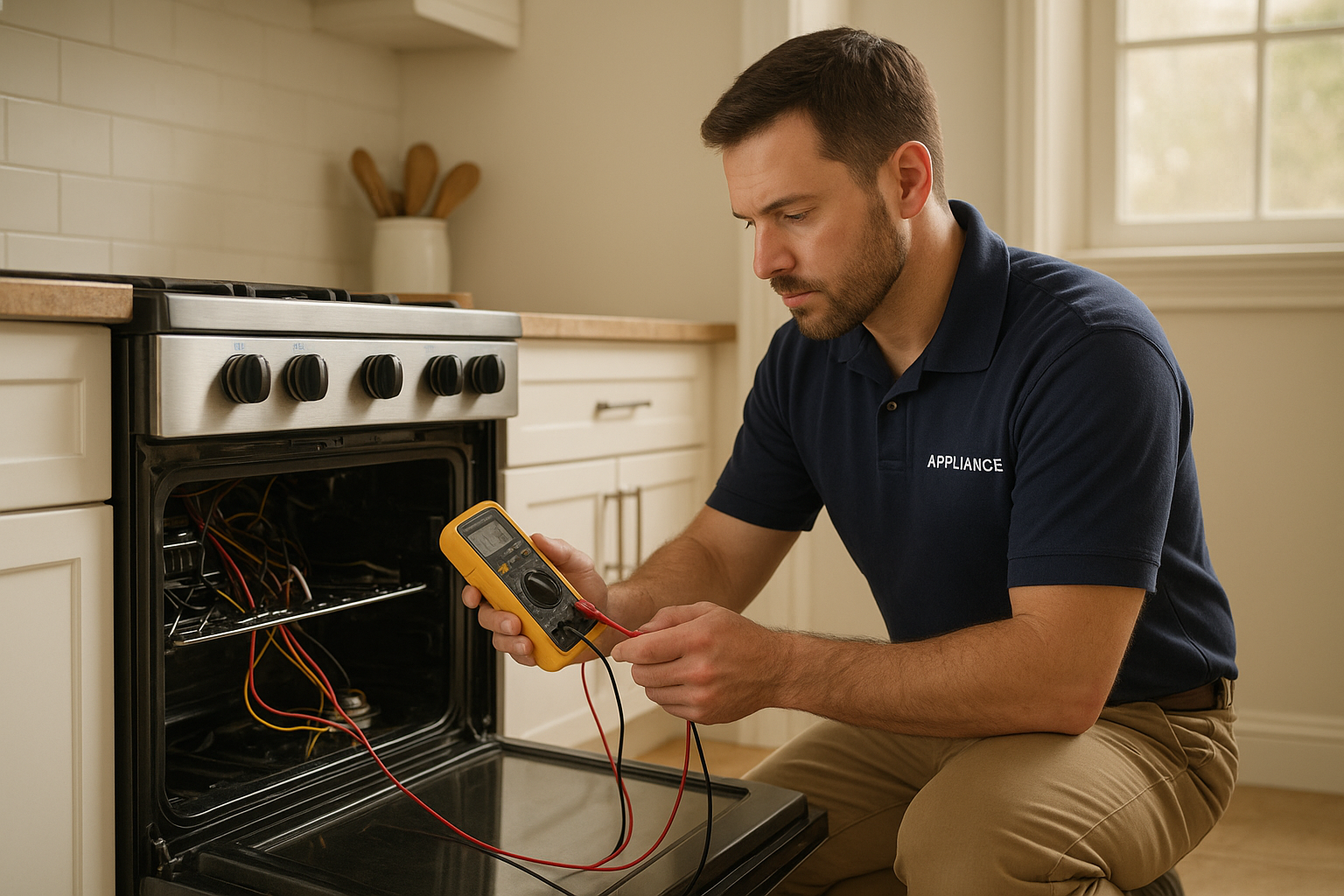 Technician from local stove repair shops testing a stove control panel in a Santa Rosa kitchen