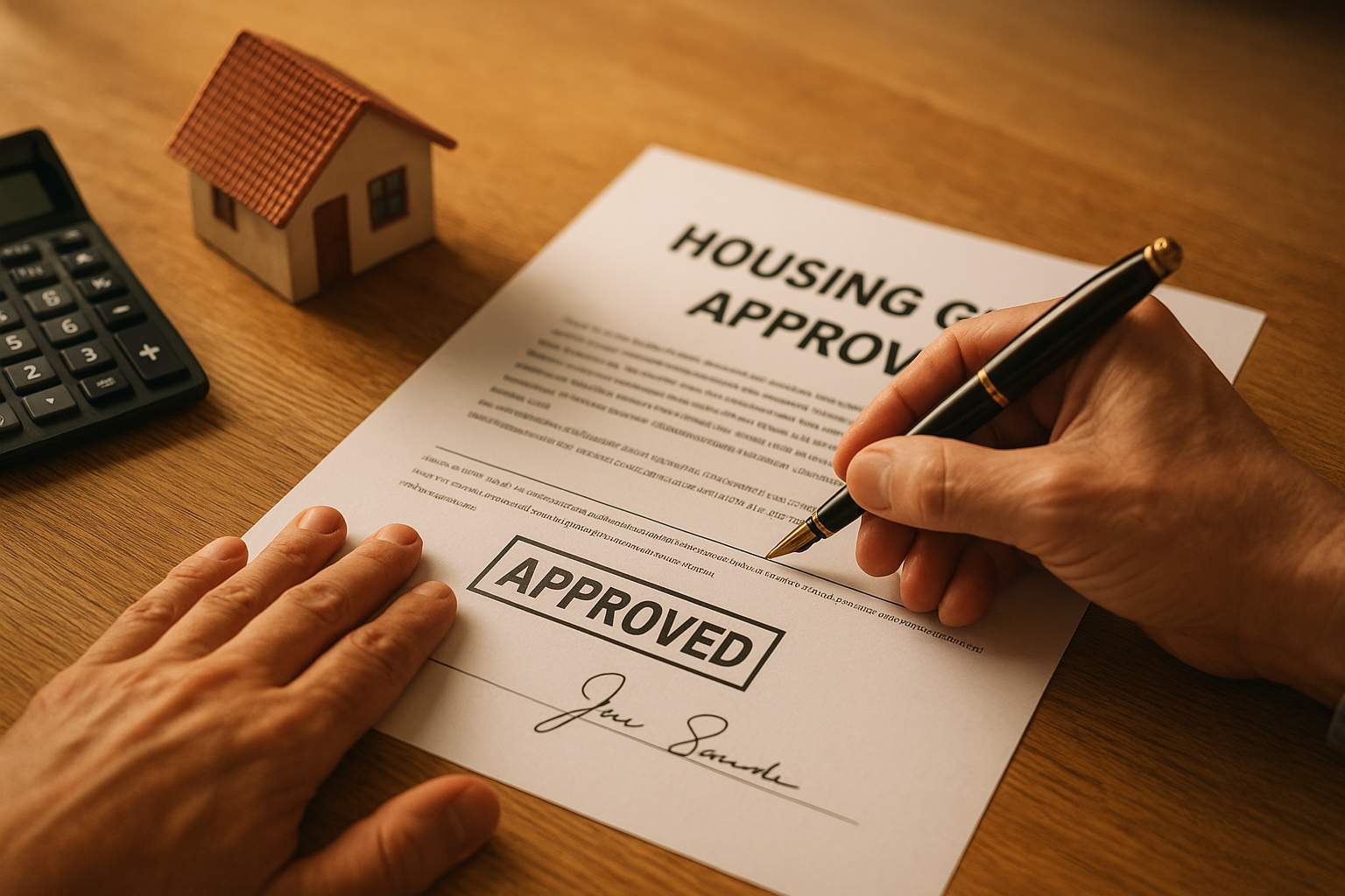 Homeowner signing approval paperwork after qualifying for adu grants funding