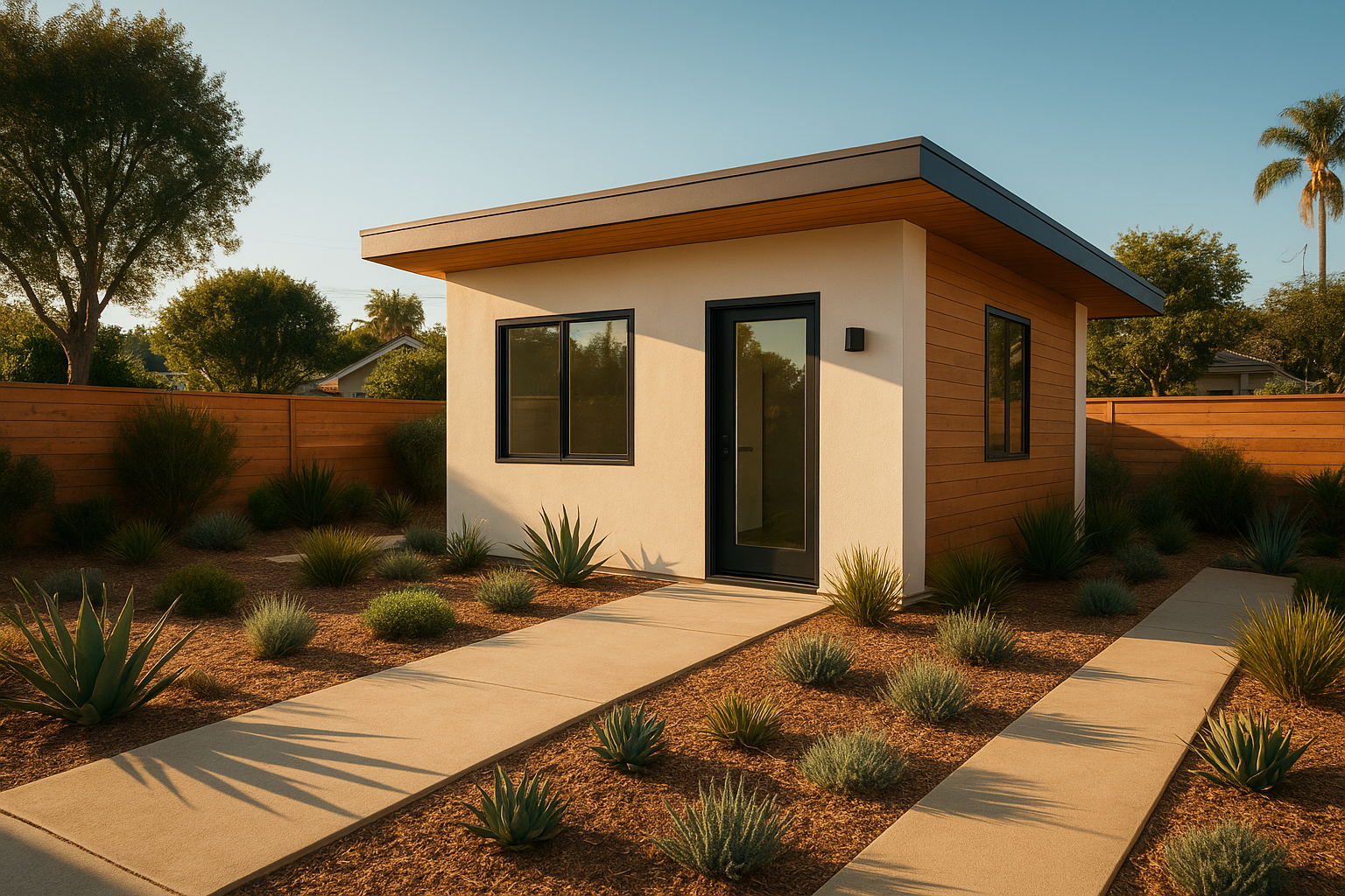 Modern detached ADU in a Southern California backyard illustrating streamlining ADU approval results