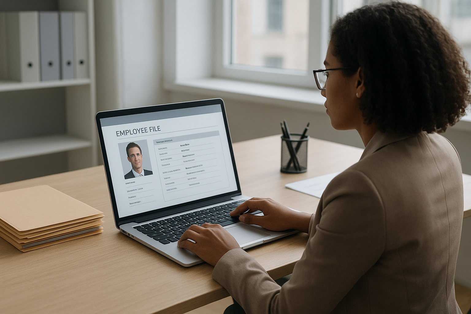 HR professional managing administration HR tasks on a laptop in a bright office
