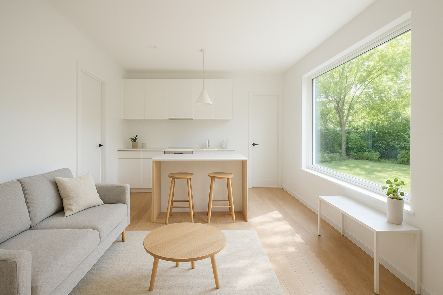 Open-plan ADU interior design with compact kitchen, wood floors, and large backyard window
