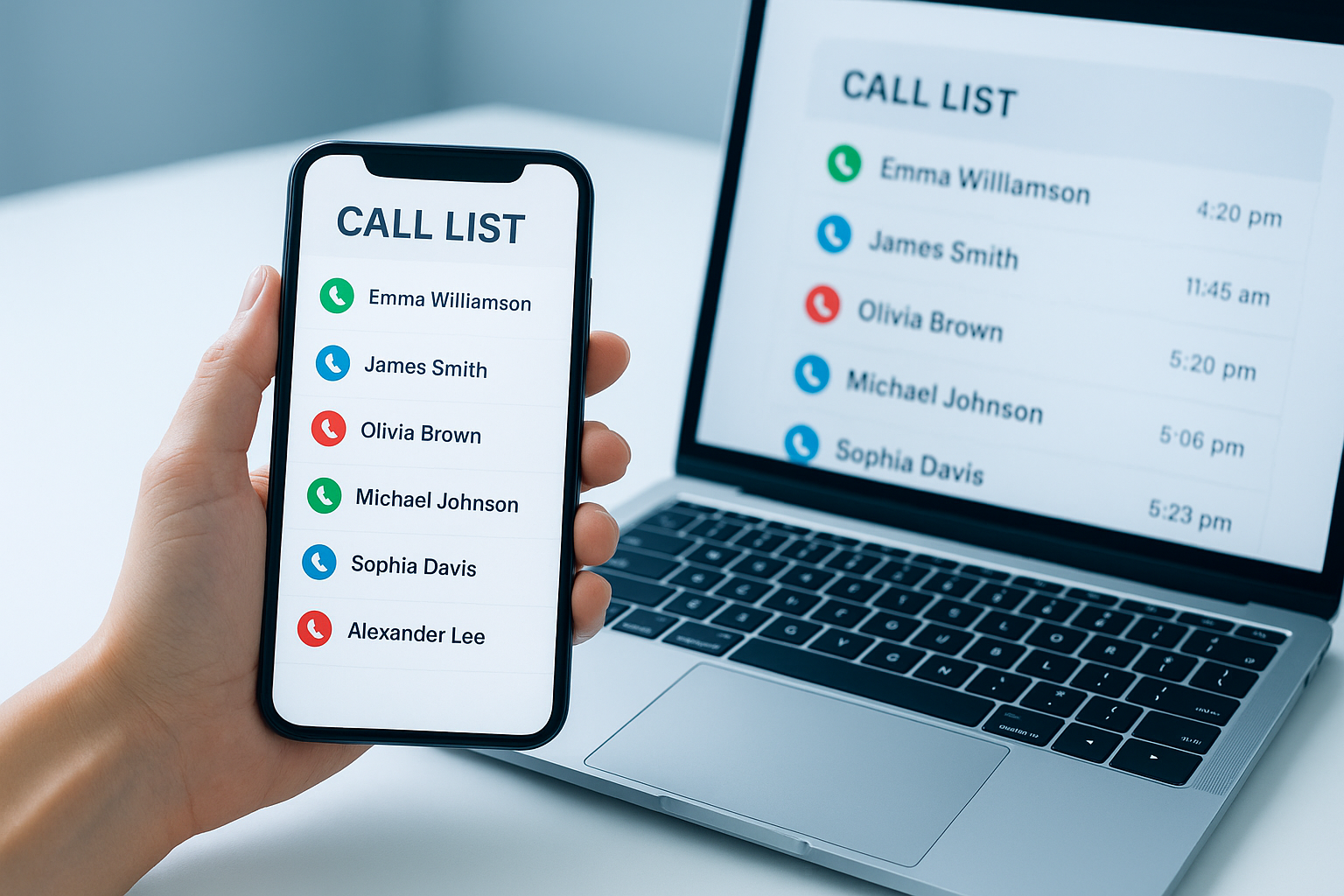 Close-up of a smartphone and laptop showing a color-coded seller call list used with a real estate dialer
