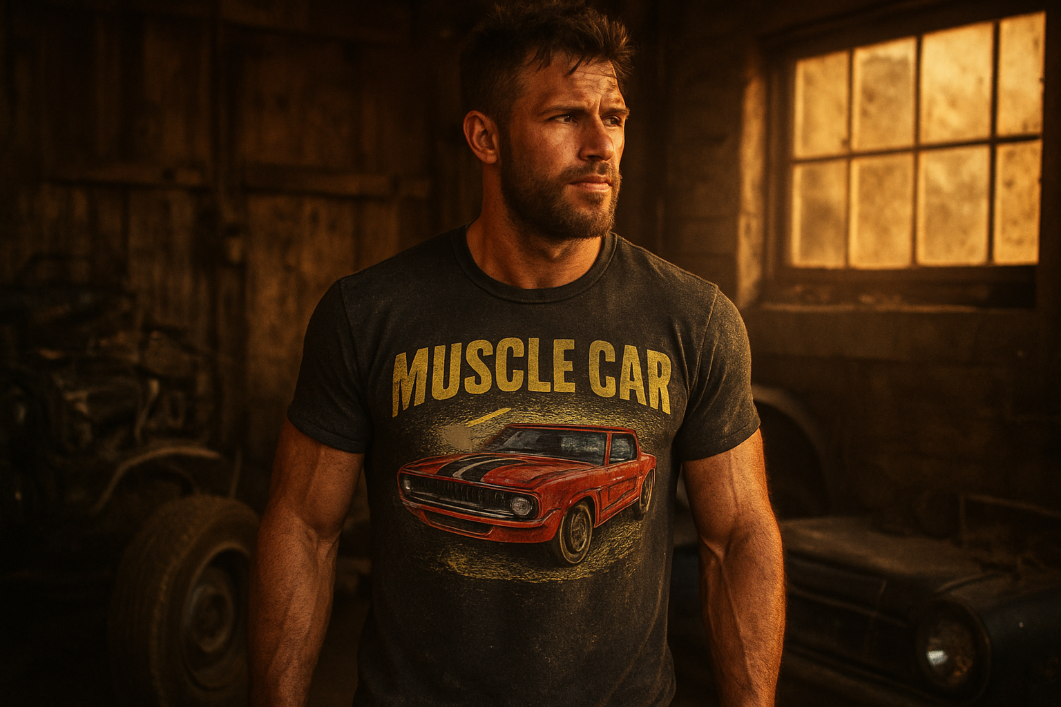 Man wearing bold redneck apparel graphic tee in a rustic garage setting