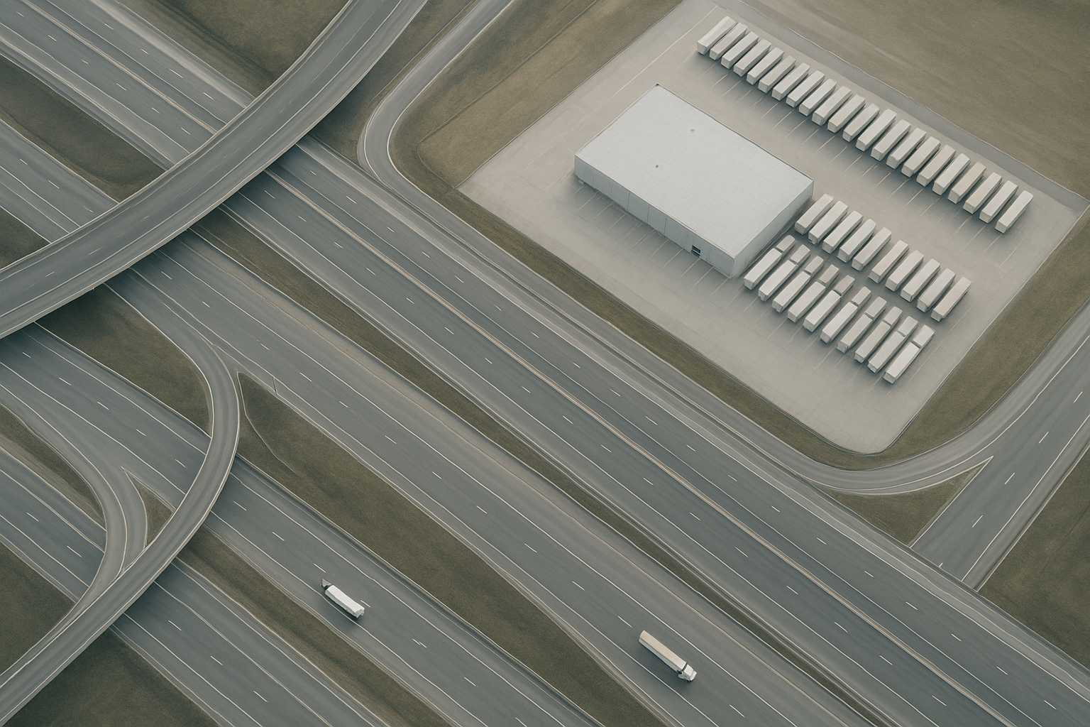 Aerial view of highway routes connecting to a freight logistics hub