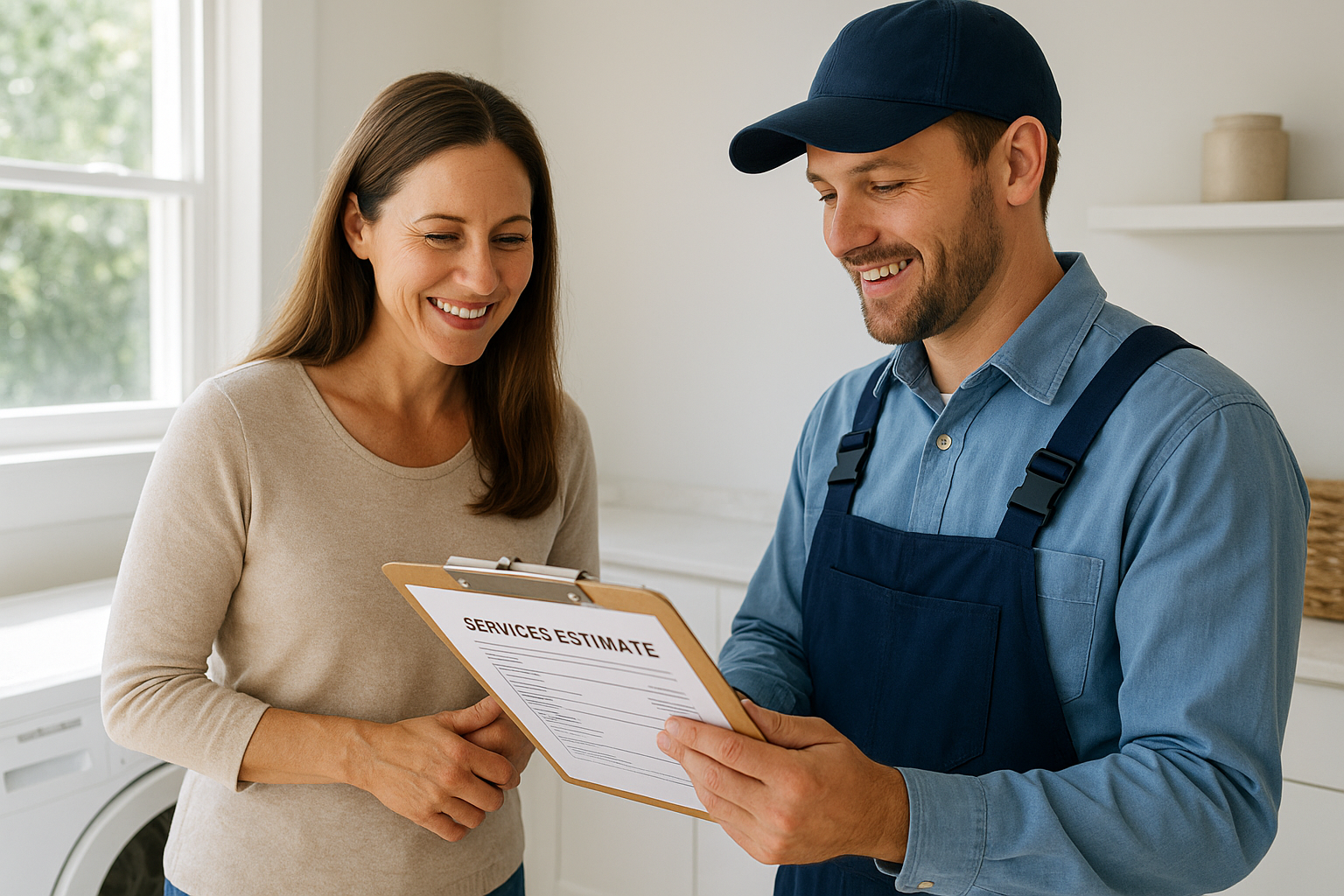 Homeowner reviewing an affordable dryer service estimate with a repair technician