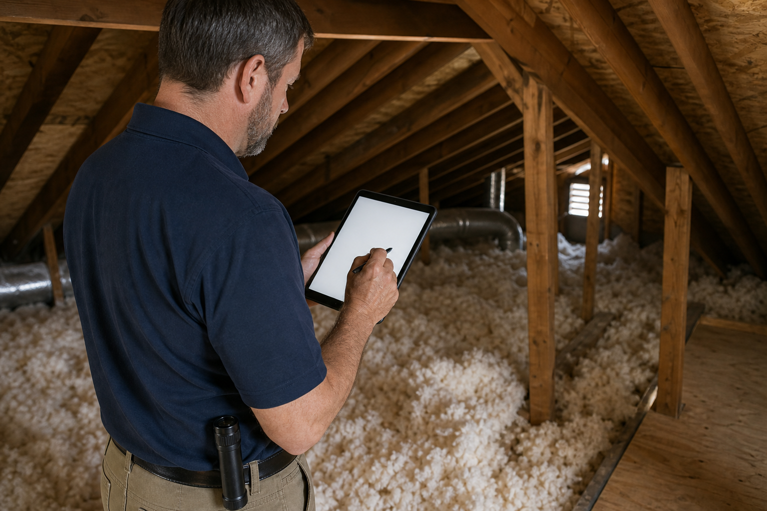 Inspector recording findings on a tablet during an attic inspection in a residential home