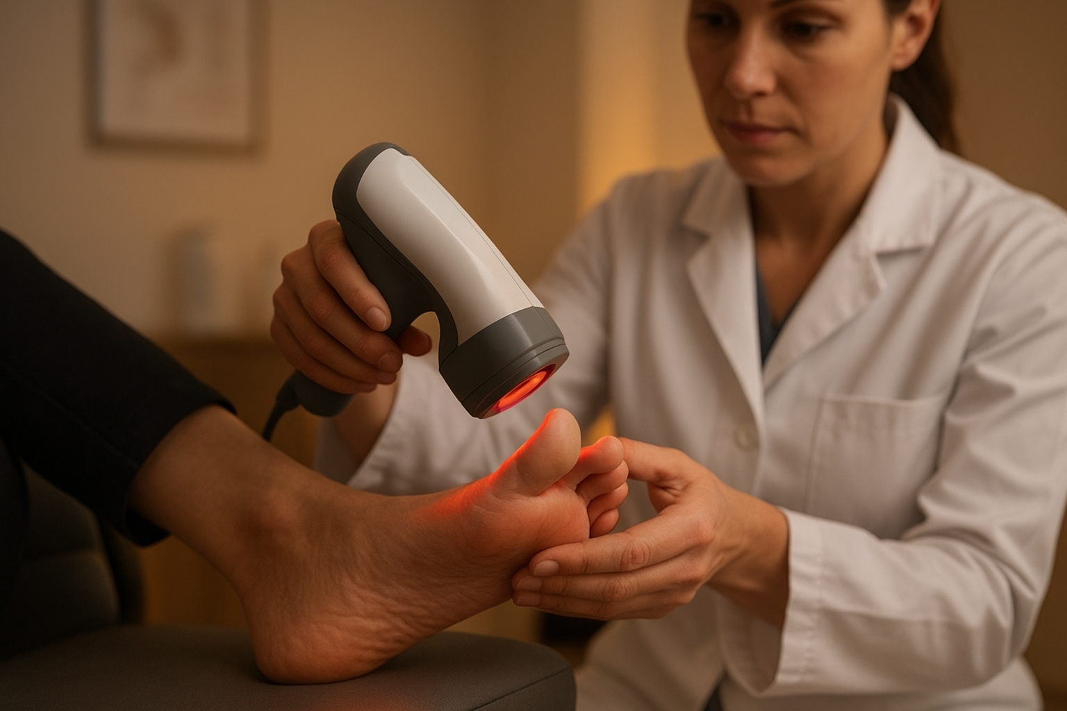 Podiatrist performing a 3D foot scan to create custom arch support orthotics