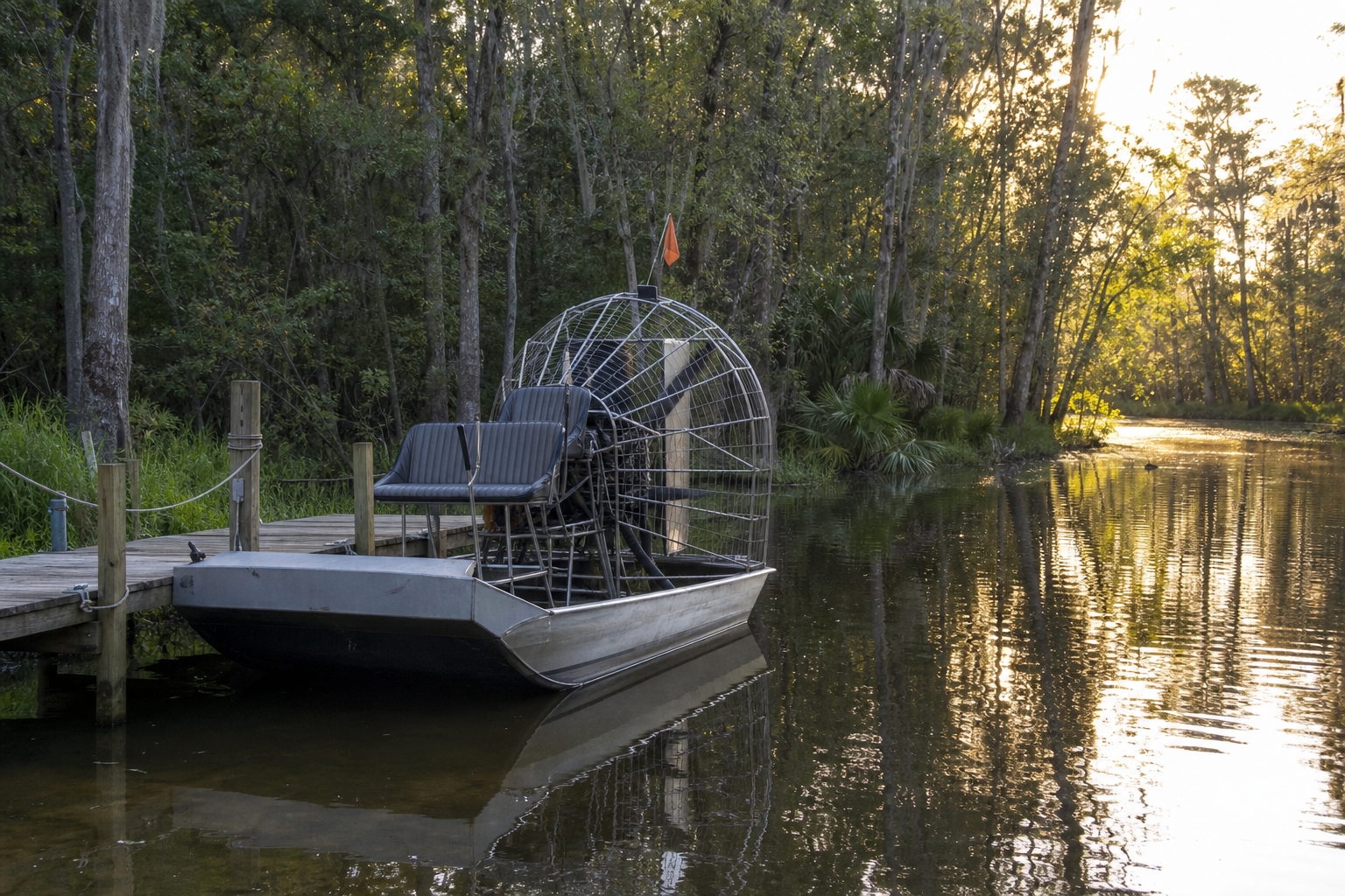 Airboat docked near the riverbank for quick river assistance during float trips