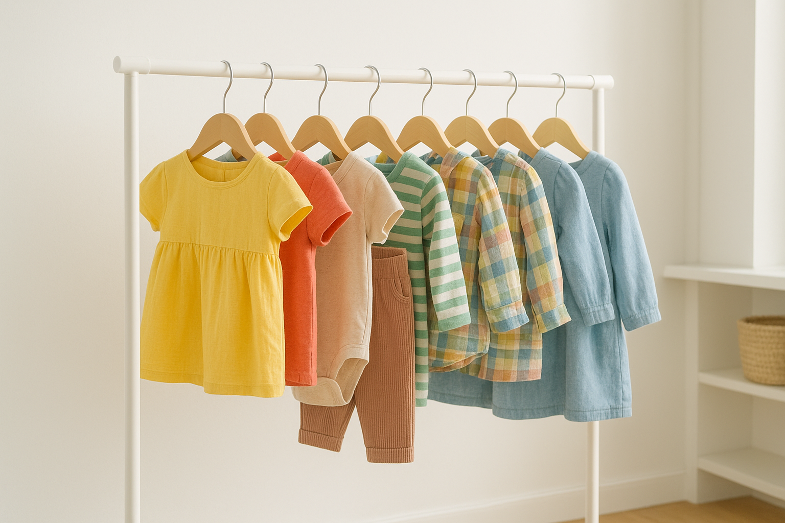 Rotating wardrobe rack representing a rental kids fashion subscription model