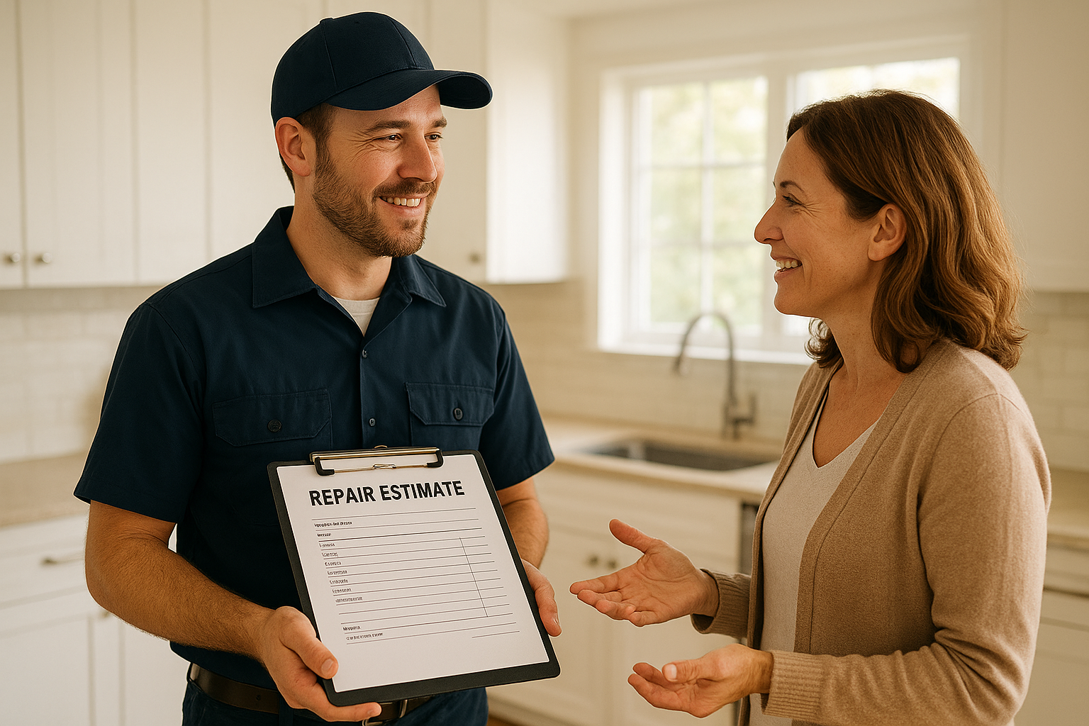 Technician reviewing a written estimate with a homeowner before repair work begins