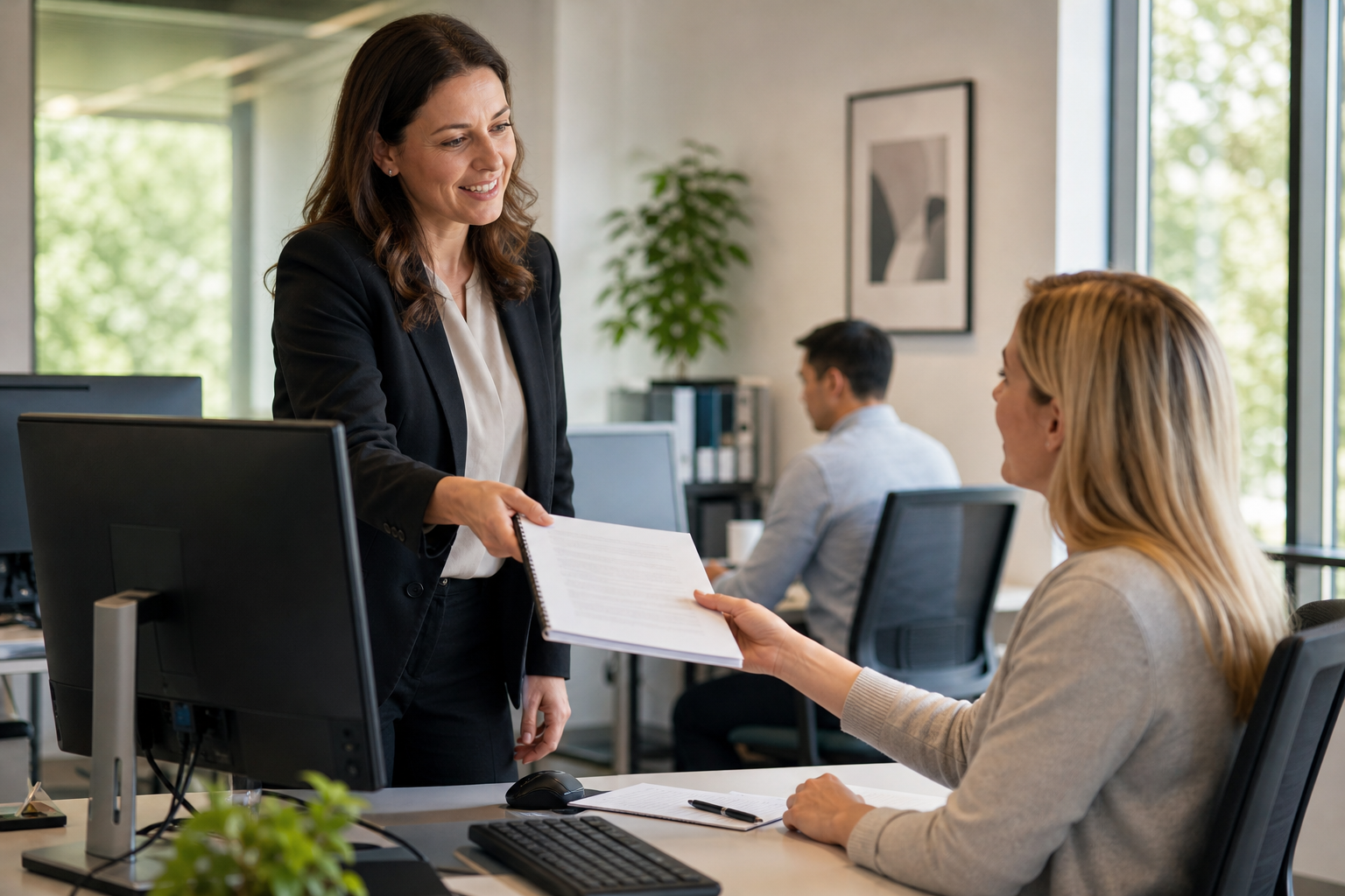 Employee reviewing updated company policies during a workplace transition