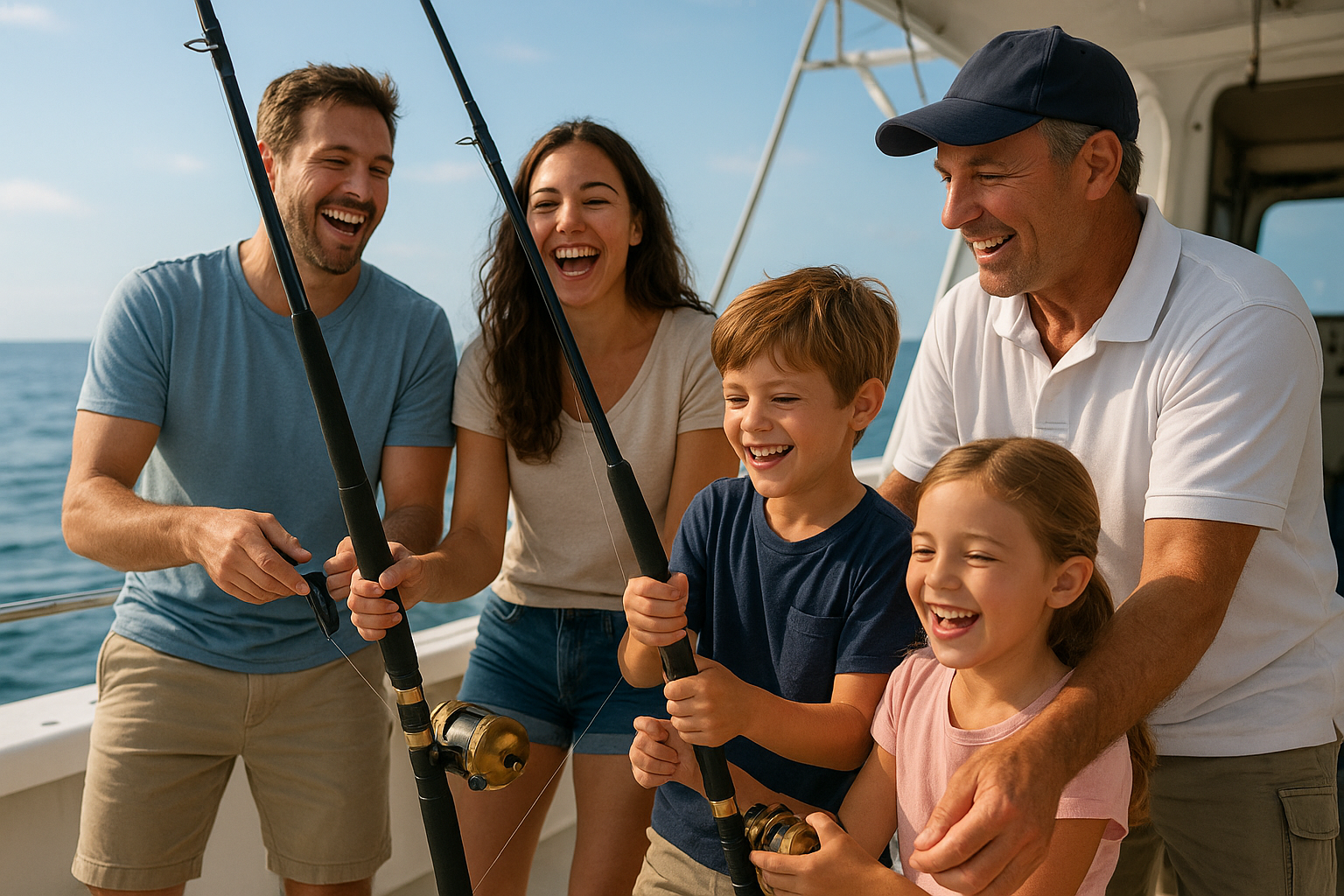 Family learning advanced fishing techniques from a licensed captain on a private charter