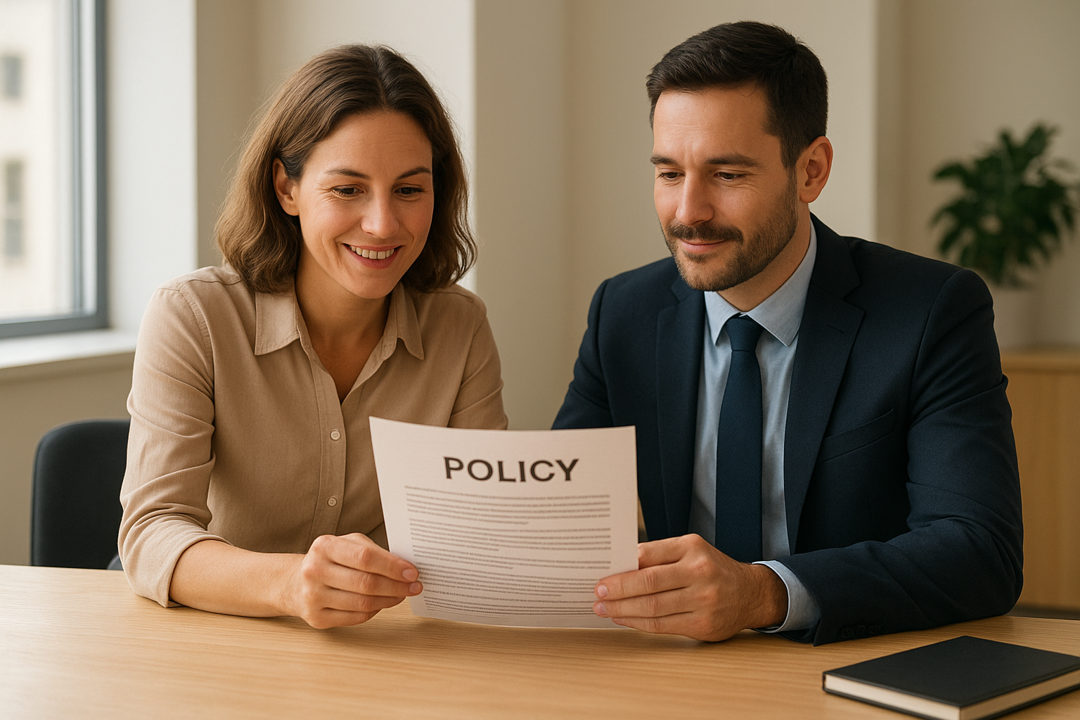 Business owner and HR consultant reviewing hr guidelines document at office table