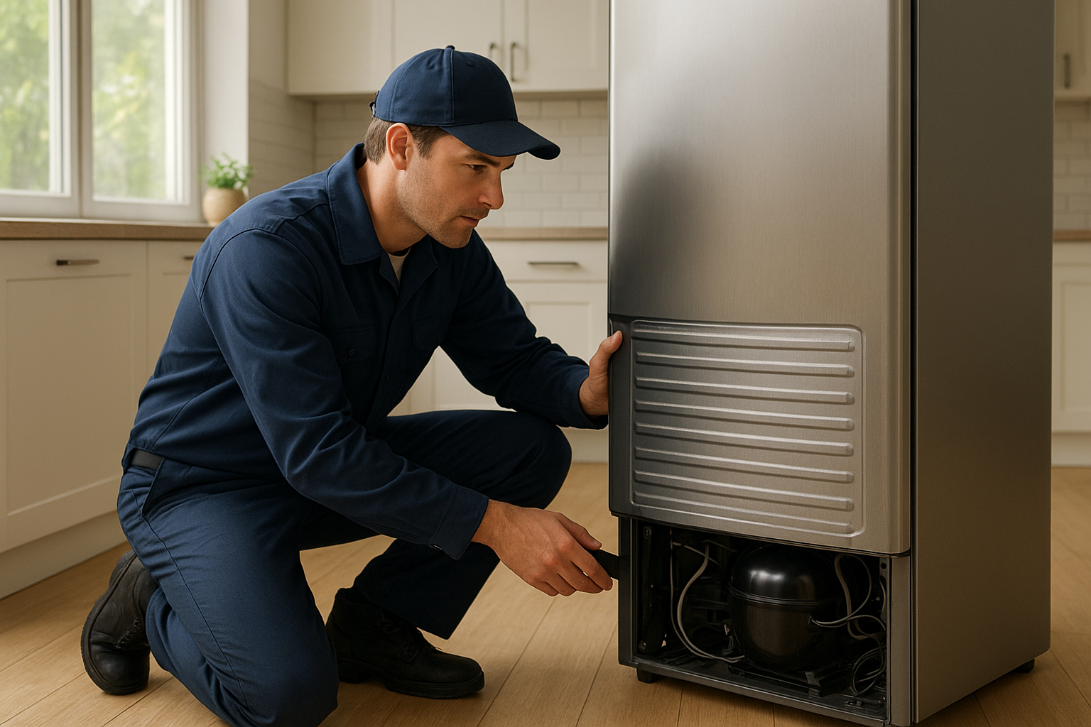 Technician performing appliance repair for homes on a refrigerator in a bright kitchen