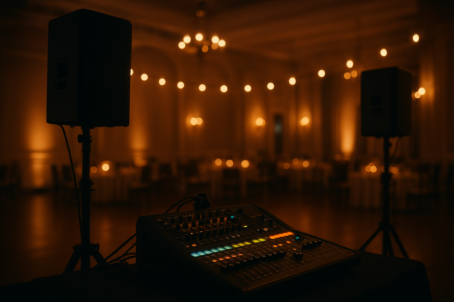 Best AV rental services setup with speakers, mixing console, and stage lighting at an event venue