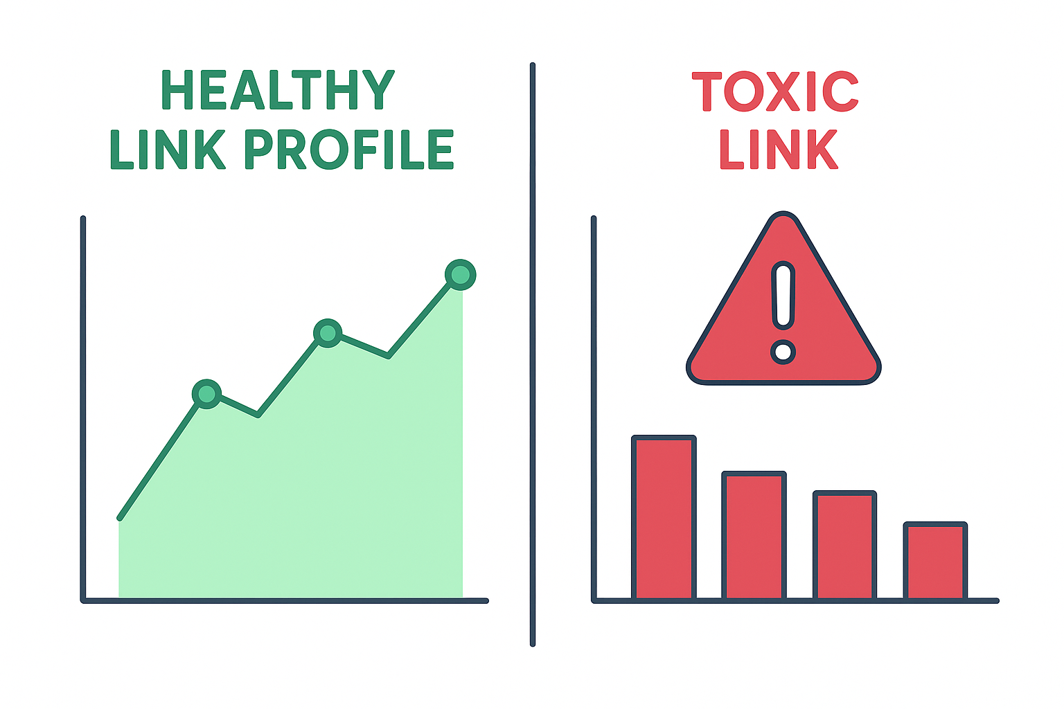 Comparison between a healthy backlink profile and a toxic link warning for SEO auditing