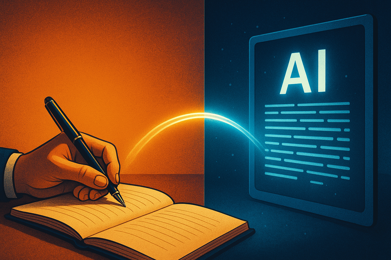 Human writer collaborating alongside an AI content creation platform in a split editorial workflow