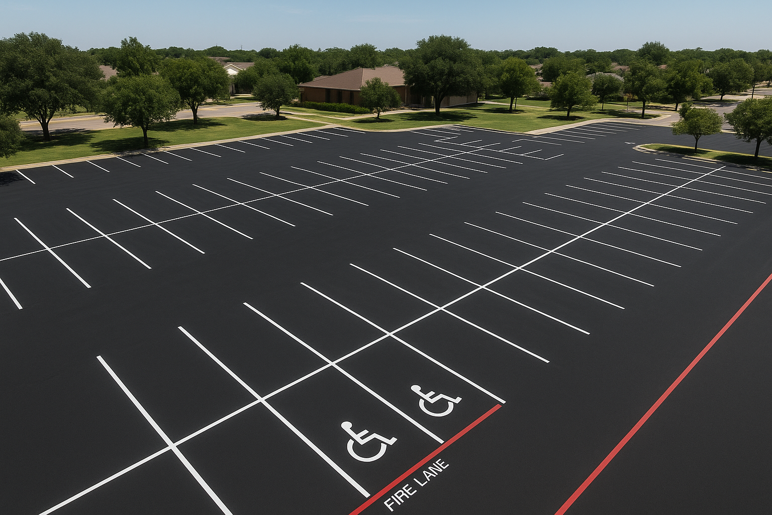 Aerial view of a freshly completed parking lot striping project in Frisco TX showing white stall lines, ADA markings, and fire lane designations