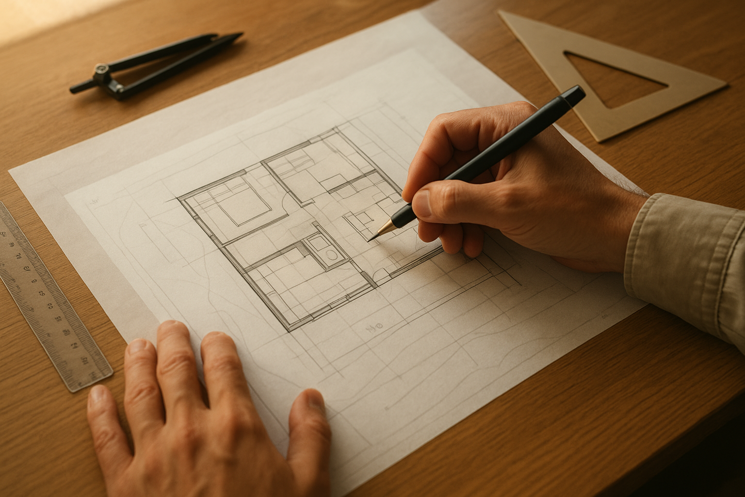 Architect illustrating how to design custom ADU floor plans on a blueprint table