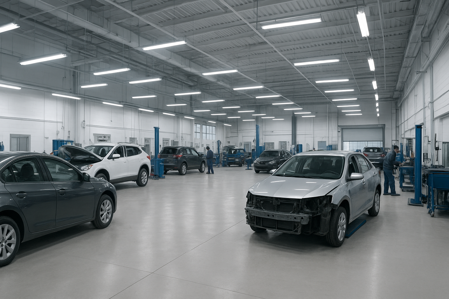 Modern bodyshop automotive facility interior with multiple vehicles undergoing collision repair