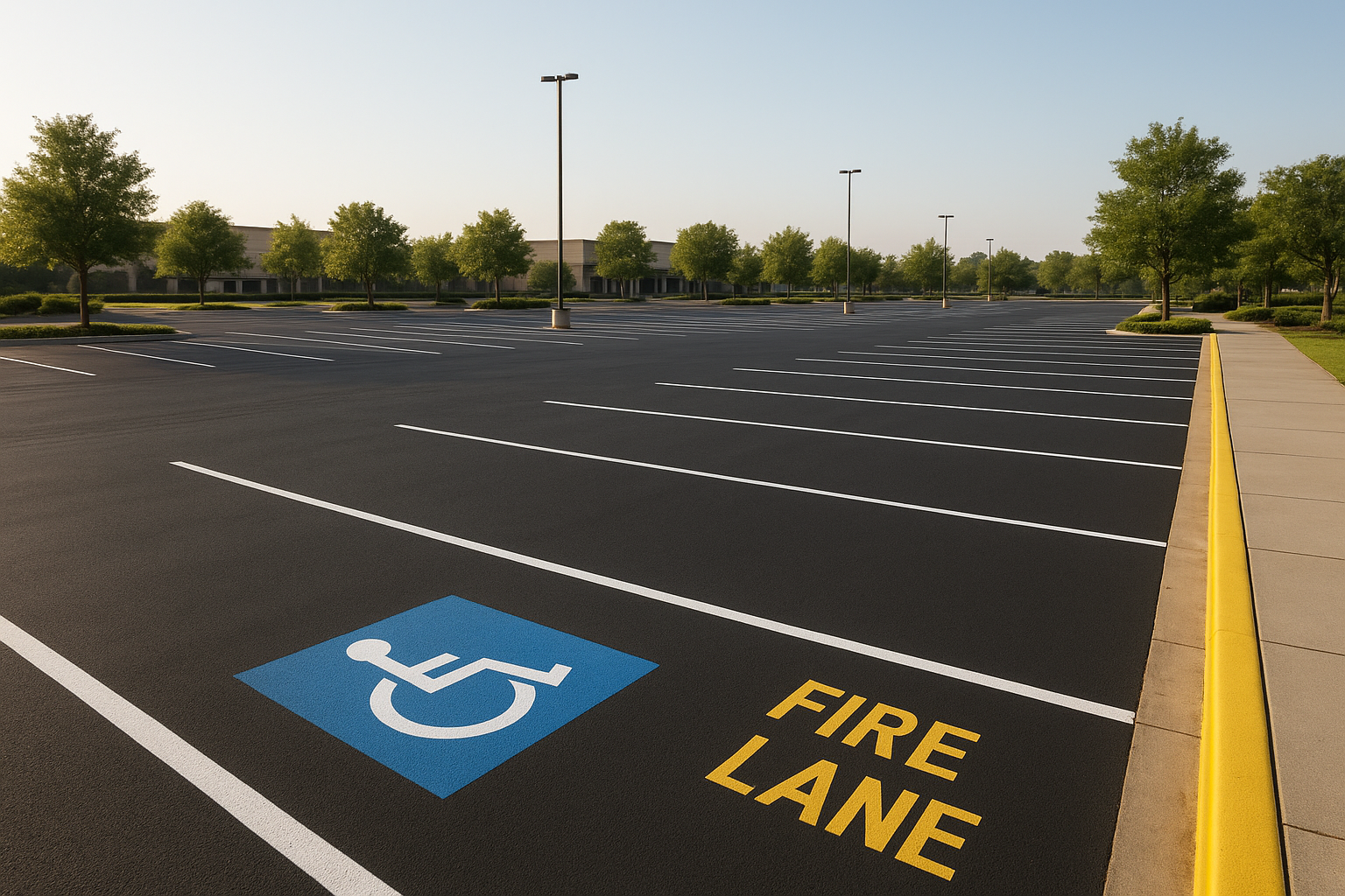 Freshly completed parking lot restriping north texas project showing crisp white stall lines and accessible parking symbol