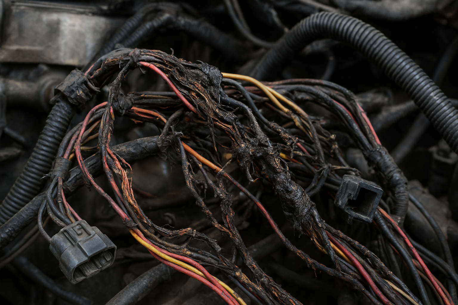 Damaged automotive wiring harness inside an engine bay showing frayed wires and disconnected connectors after a collision