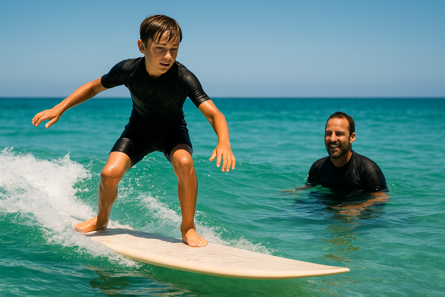 Beginner surfer standing up on a longboard while an instructor watches nearby