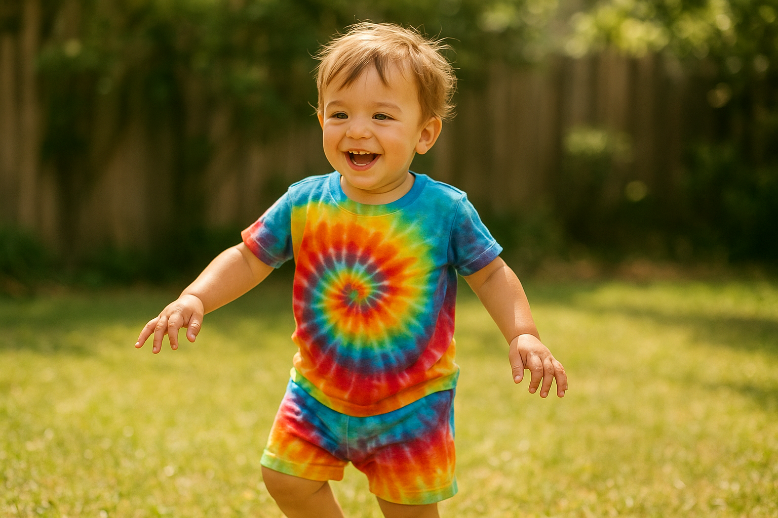 Toddler boy wearing affordable children's clothing in a colorful tie-dye summer outfit set outdoors
