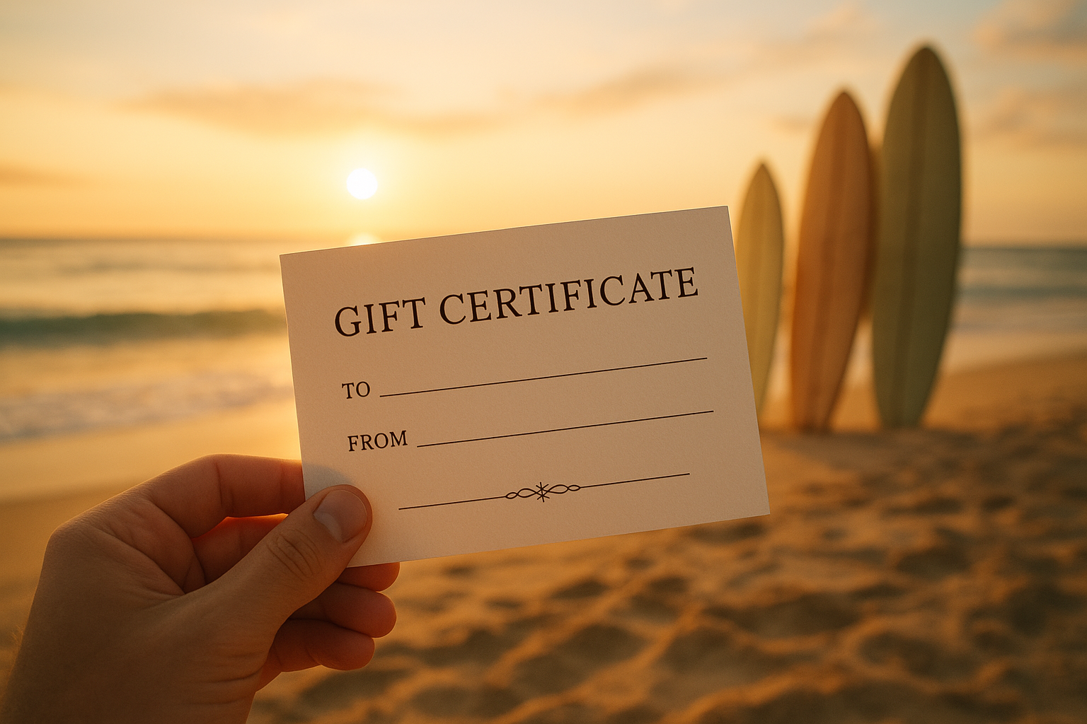 Hand holding surf lesson gift certificates Hawaii on a sandy beach at sunrise